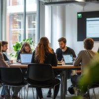 Group discussion in a modern co-working space